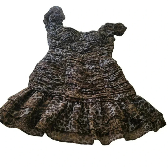 Forever 21 Ruched Frill Mini Dress Animal Print Ruffle Hem Off Shoulder Size S/P - Picture 3 of 11